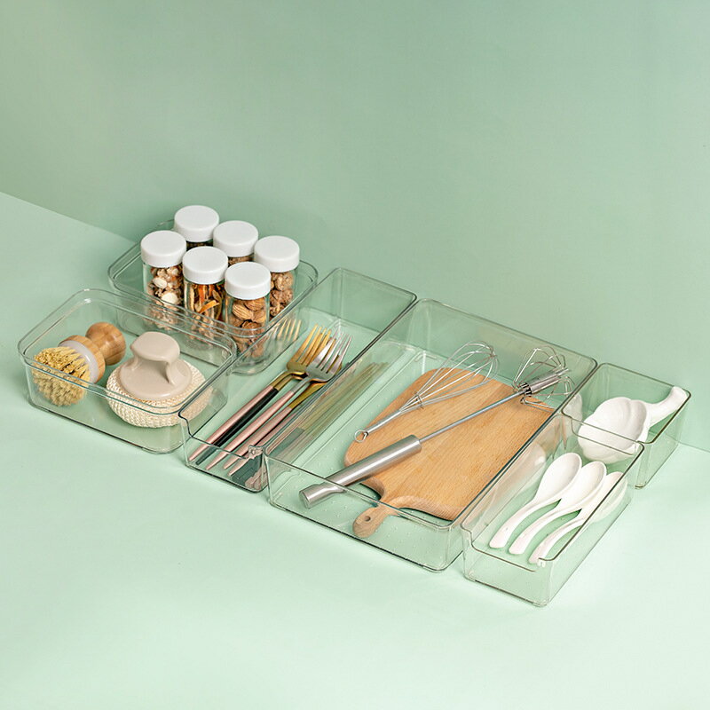 辦公桌面抽屜收納盒廚房長條分隔盒文具分類盒子塑料透明分格神器