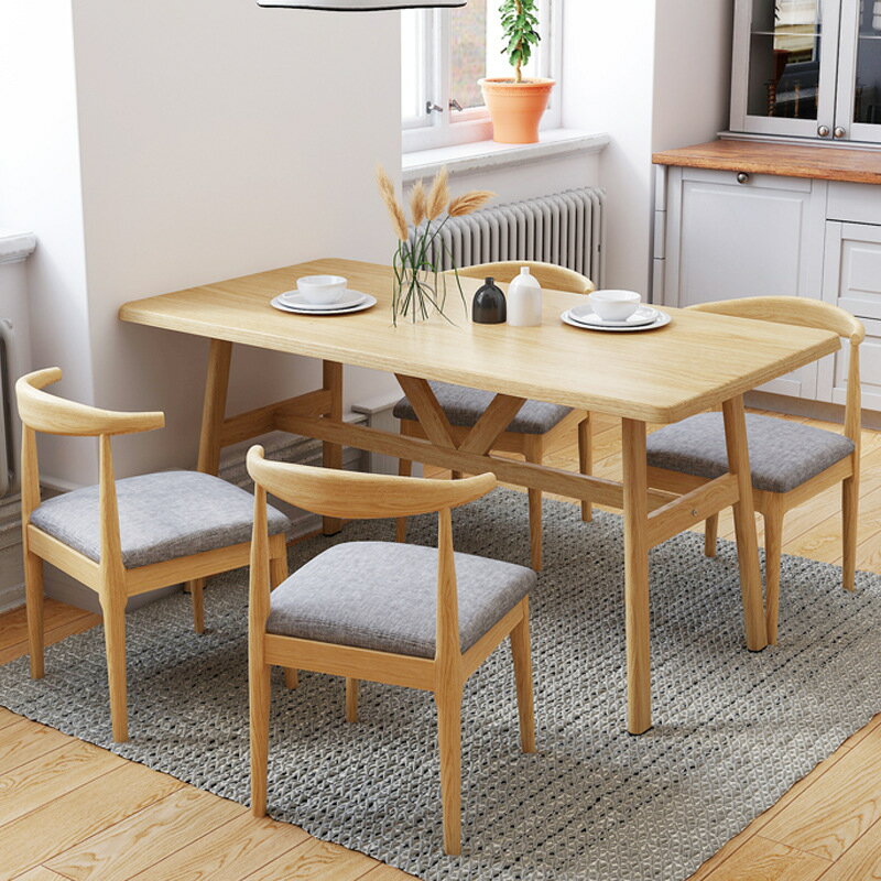 餐桌 餐檯 實木腿餐桌家用吃飯桌子長方形簡約現代小戶型北歐簡易餐桌椅組合