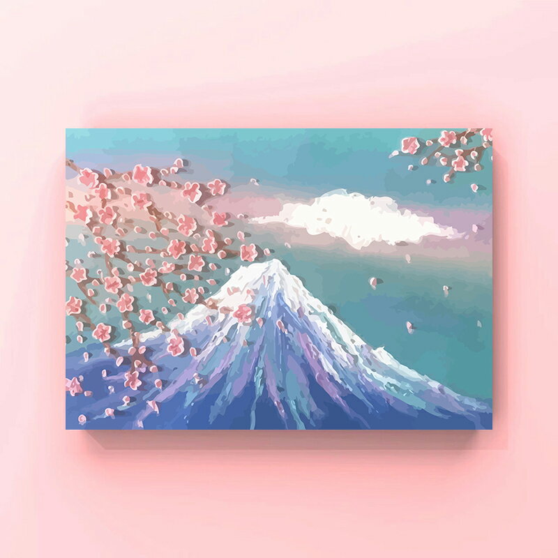 富士山櫻花風景填充涂鴉數字油畫diy定制手繪丙烯油彩畫手工掛畫