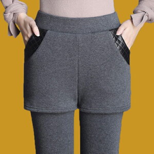 冬季新款假兩件短褲加絨加厚高腰彈力顯瘦加肥加大碼外穿打底褲女