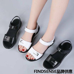 FINDSENSE品牌 新款 日本 女 高品質 真皮 簡約 黑白 舒適 時尚涼鞋 休閒鞋 潮流鞋子