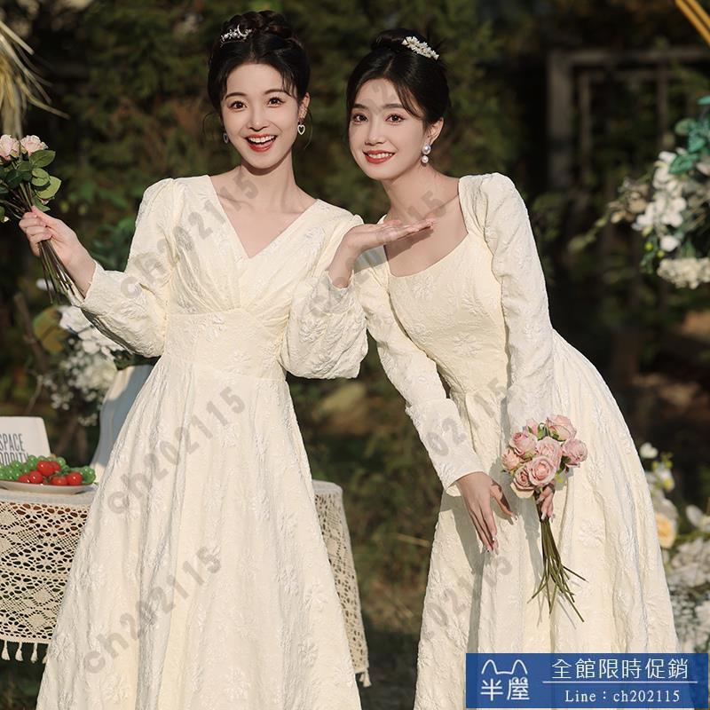 尾牙禮服 洋裝 香檳色伴娘服2024新款秋季婚禮晚禮服高階感姐妹服伴娘團禮服裙女交換禮物 三木優選