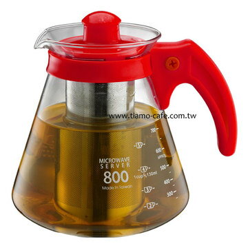 金時代書香咖啡 Tiamo 不鏽鋼濾網 玻璃花茶壺 800cc 紅色 HG2217R