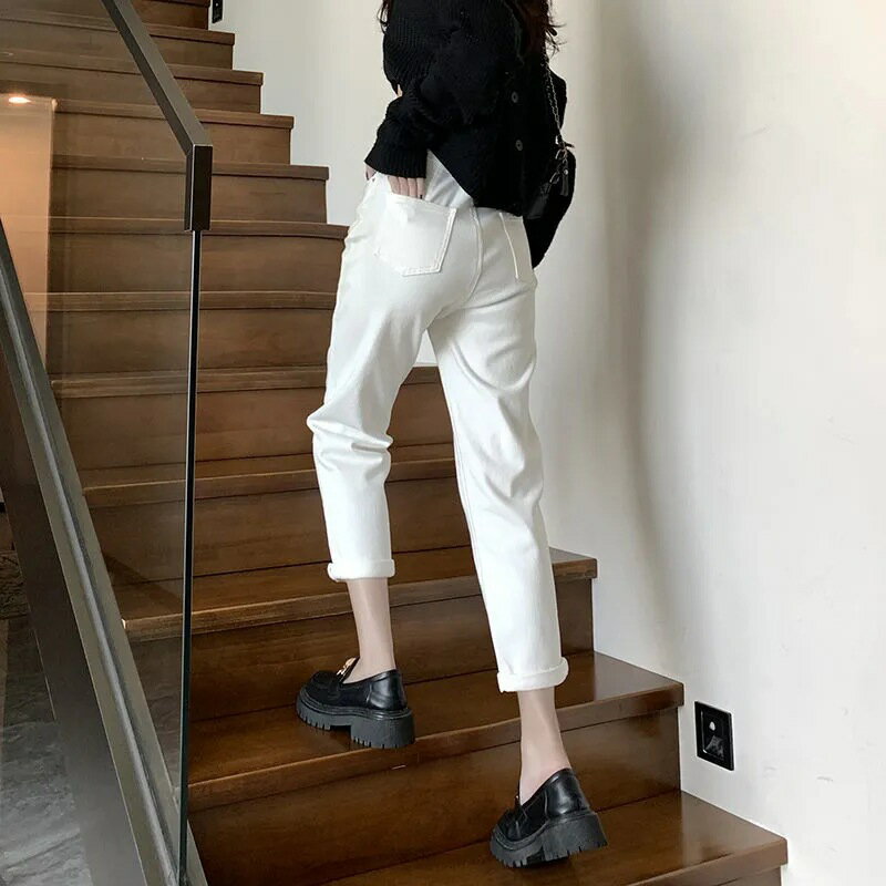 楓林宜居 白色卷邊直筒哈倫牛仔褲女2022年秋季新款小個子高腰蘿卜老爹褲子