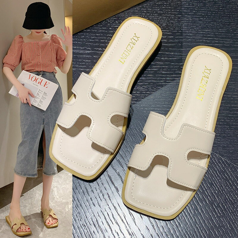 2023新款百搭仙女風防滑簡約一字拖鞋平底時尚沙灘拖鞋女夏季外穿【Snowbelle優選】