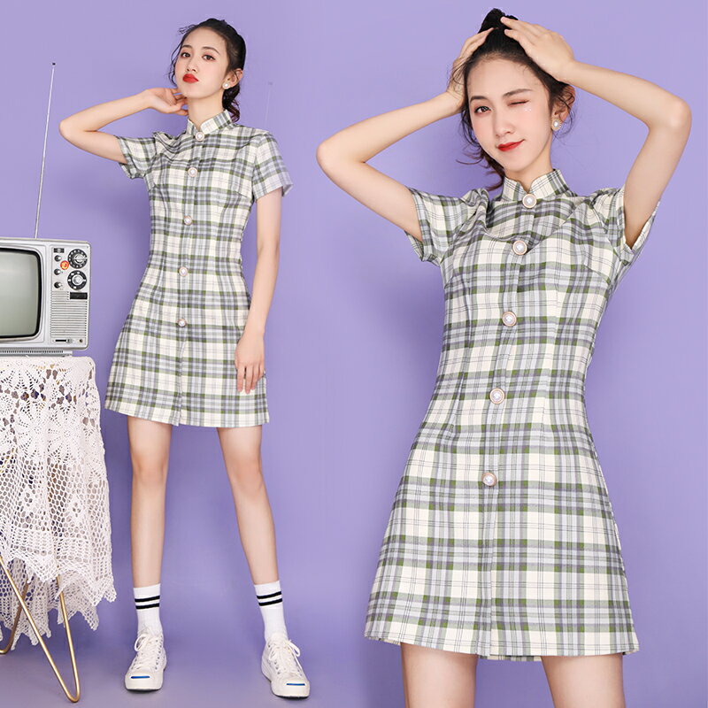 新款法式旗袍格子年輕款復古少女學生夏季短款改良版連衣裙子