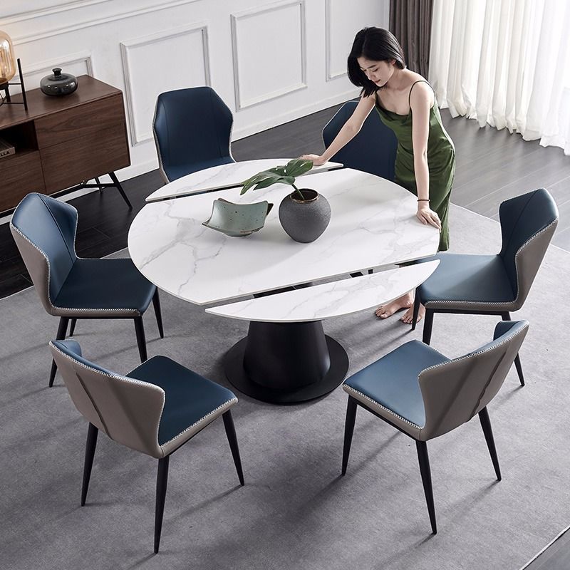 意式輕奢亮光巖闆餐桌可變圓桌極簡伸縮旋轉變形可折疊家用小戶型