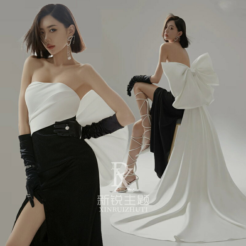 影樓新款黑白雜志風主題婚紗女神寫真攝影魚尾修身蝴蝶結氣質禮服