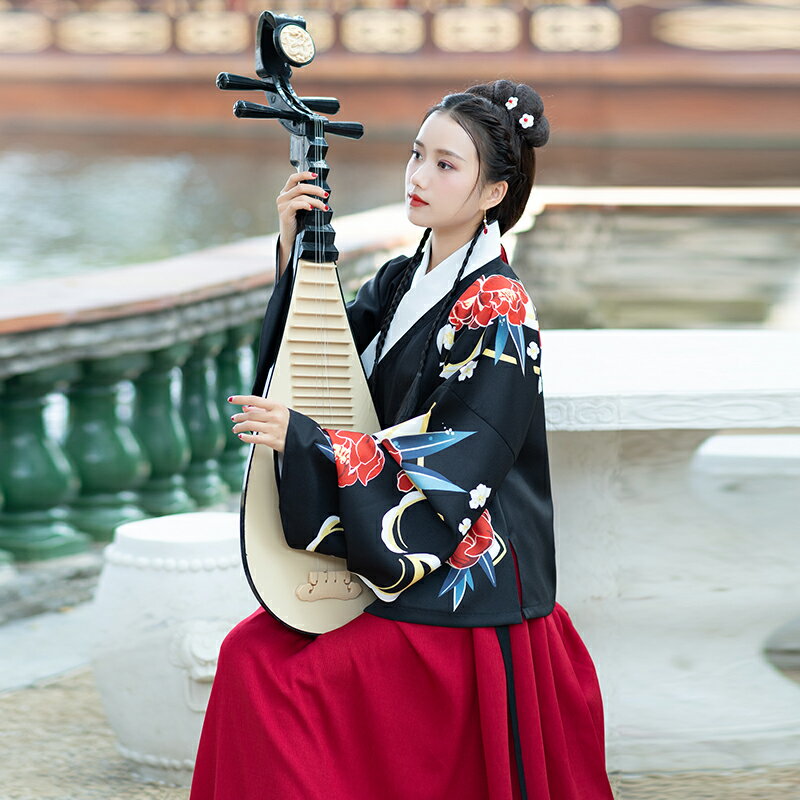 秋季中國風傳統服飾網紅同款漢服日常改良印花上襖一片式襦裙1入