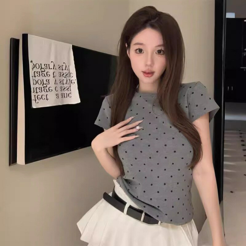 FUXI 復古波點圓領短袖t恤女 短版上衣 短袖上衣 韓版修身顯瘦上衣 內搭上衣 休閒打底衫 正肩T恤 女裝 衣服