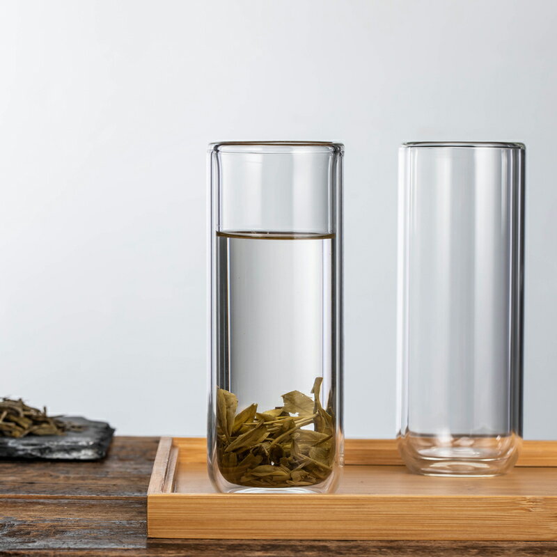 家用直身雙層玻璃水杯高款耐熱泡茶杯子透明水具套裝辦公室玻璃杯