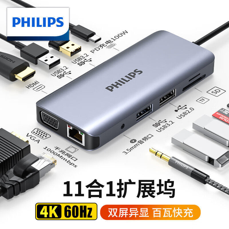 飛利浦Type-C擴充套件塢4K60Hz拓展塢USB-C轉HDMI轉換器網線口分線器【宜家良品百貨】