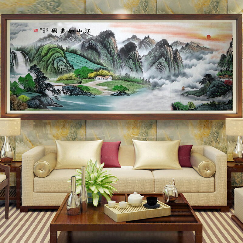 江山如畫水墨山水風格現代中國風客廳餐廳書房臥室背景墻5d鉆石畫