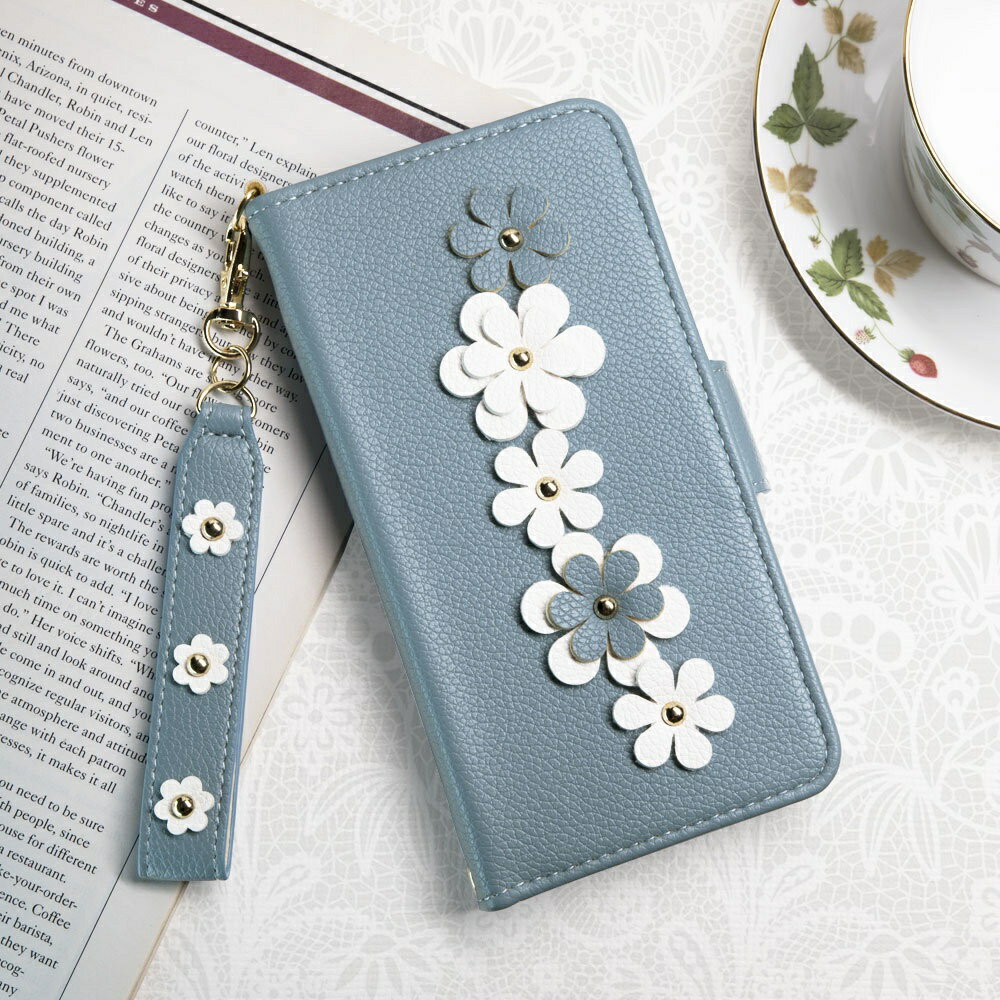 Aguchi 亞古奇 iPhone 14/iPhone 15 全系列 花語鉚釘立體花朵手機皮套 附皮質璀璨吊飾 - 蔚藍