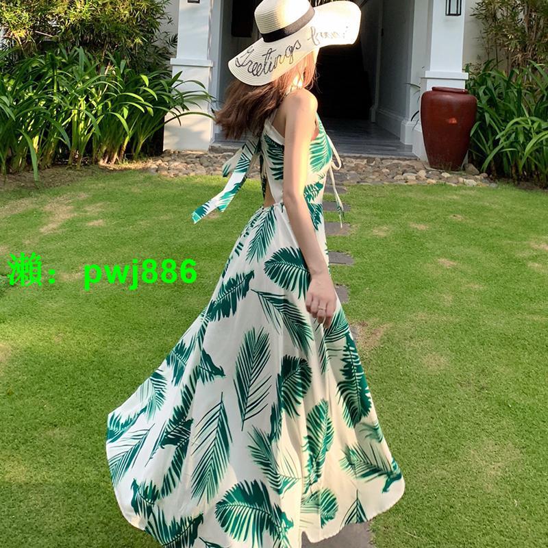 泰國三亞性感長裙2023夏裝新款綠葉子胸圍可調節海灘巴厘島沙灘裙