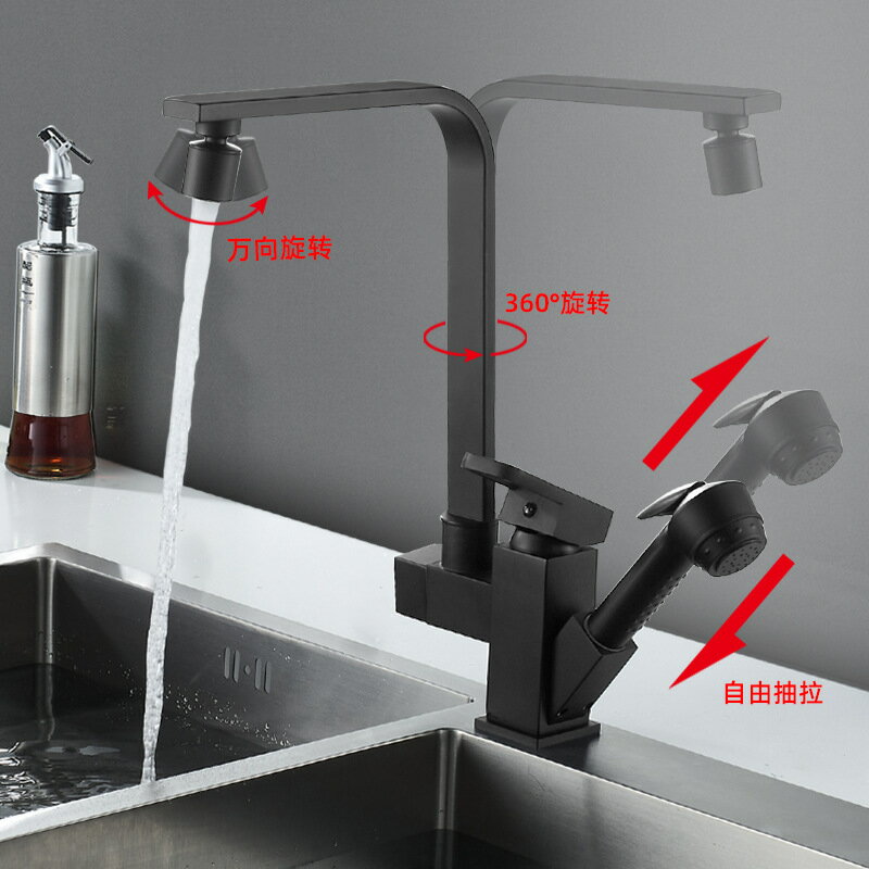 水龍頭 廚房水龍頭抽拉式冷熱洗菜盆家用水槽黑色防濺水龍頭可旋轉雙出水