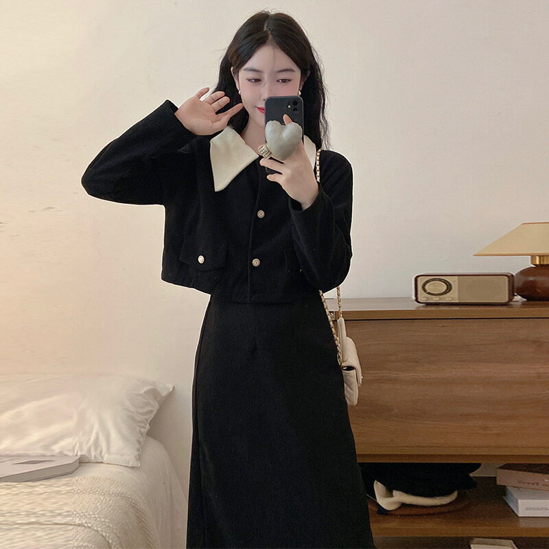 【巴黎精品】現貨+預購 休閒套裝長袖裙裝-氣質復古撞色翻領女裝2色w1af40