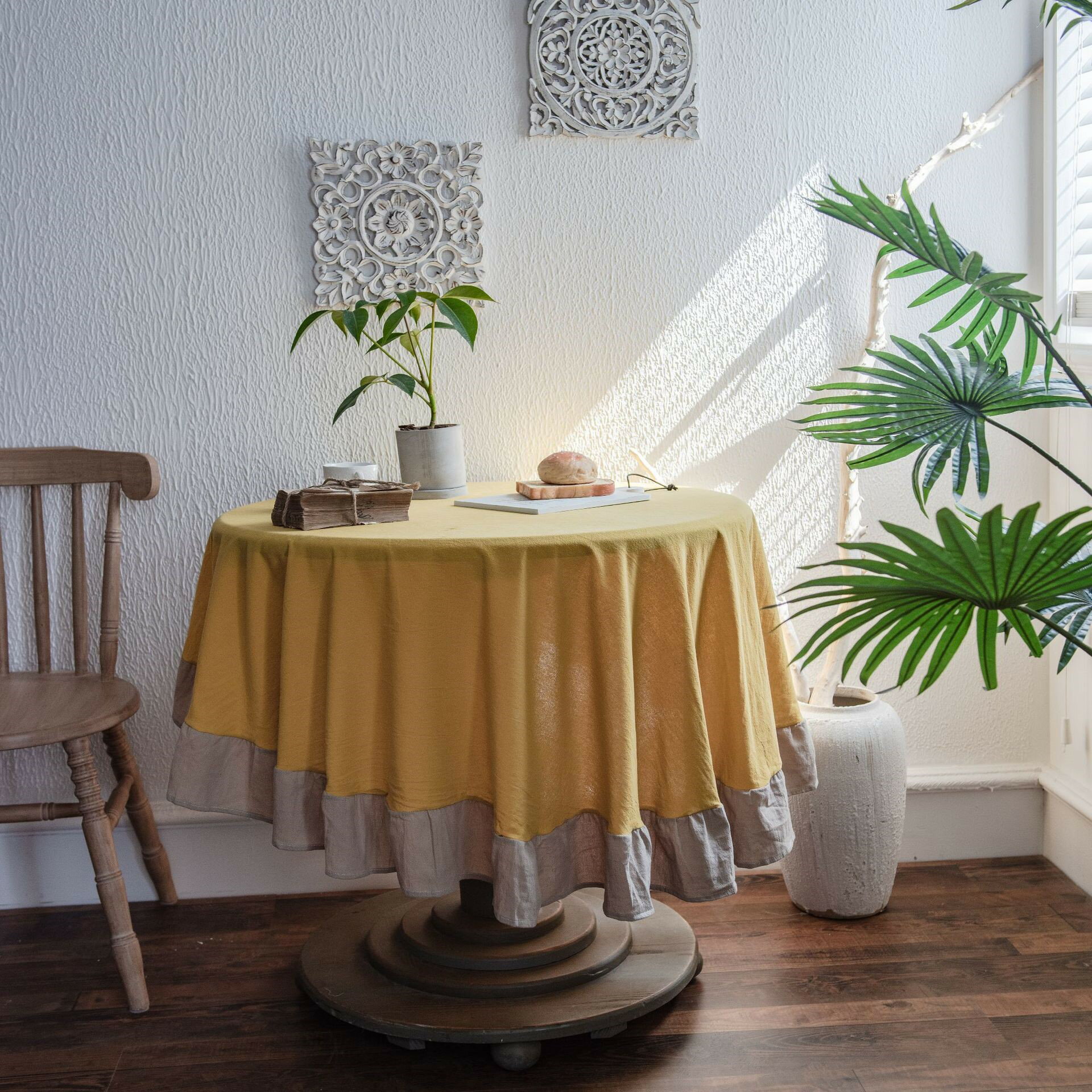新款荷葉邊黃色桌布素色圓桌餐桌水洗棉家用桌布