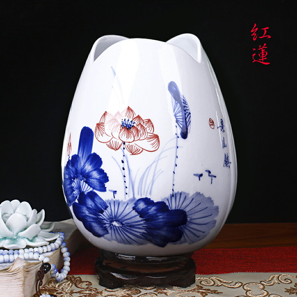 景德鎮陶瓷器手繪大口徑青花花瓣口花瓶水培花器客廳擺件裝飾品
