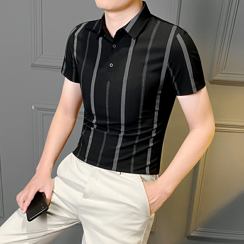 高階感條紋polo衫男短袖夏季2022新款衣服潮流襯衫領冰絲潮牌t恤