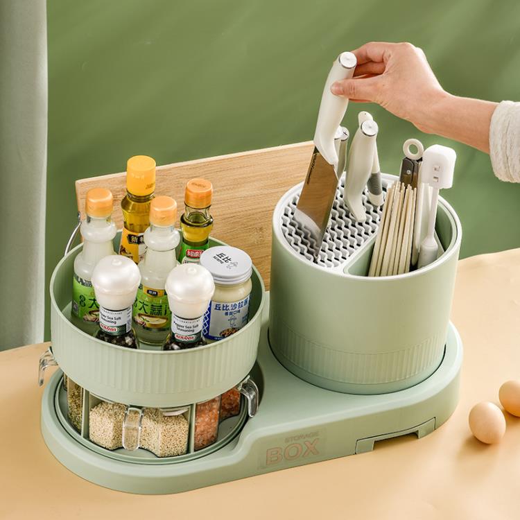新款雙層調味料盒組合多功能家用廚房置物架落地旋轉刀架套裝