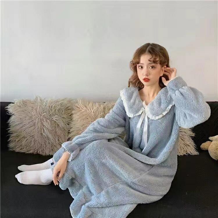 .睡衣冬天 韓版秋冬季加厚珊瑚絨睡裙長款過膝年新款純欲風法蘭絨睡衣家居服 睡衣裙性感睡衣 大尺碼睡衣 情侶睡衣 法蘭