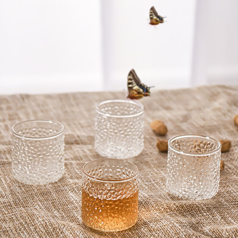 家用錘紋玻璃小茶杯日式圓形透明小容量茶具50ml耐熱白酒杯子套裝