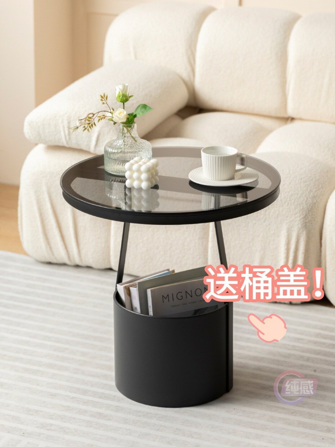 開發票 免運 輕奢奶油玻璃小茶幾簡約巖板角幾客廳沙發邊幾臥室床頭角落置物架 快速出貨