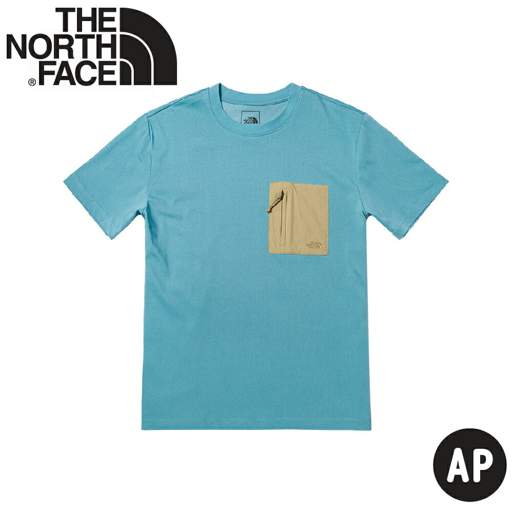 【The North Face 男 快乾排汗口袋圓領短T AP《青色》】7WDA/拼接胸前口袋短袖T恤/運動衫