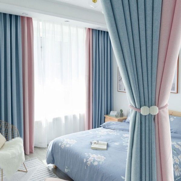 北歐風格ins遮光窗簾成品簡約現代臥室客廳陽臺拼接純色加厚布料