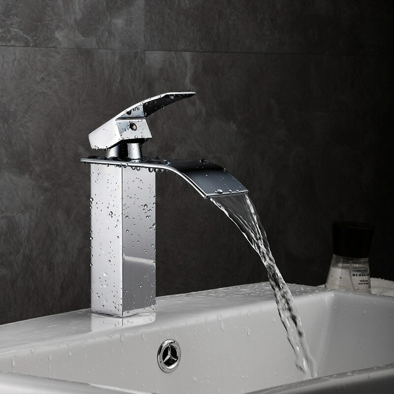 現代簡約歐式跨境銅浴室瀑布面盆洗手盆臺下盆單孔冷熱混水水龍頭