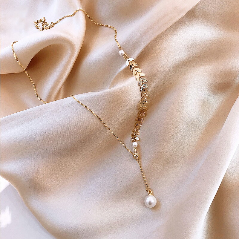 18K金麥穗葉子珍珠吊墜項鏈女小眾設計飾品百搭氣質簡約款鎖骨鏈
