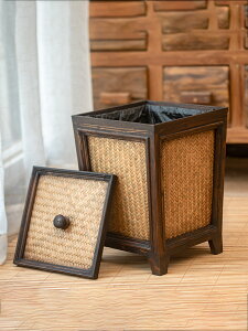 復古藤編木質衛生間紙簍帶蓋客廳茶室家用創意個性中式實木垃圾桶