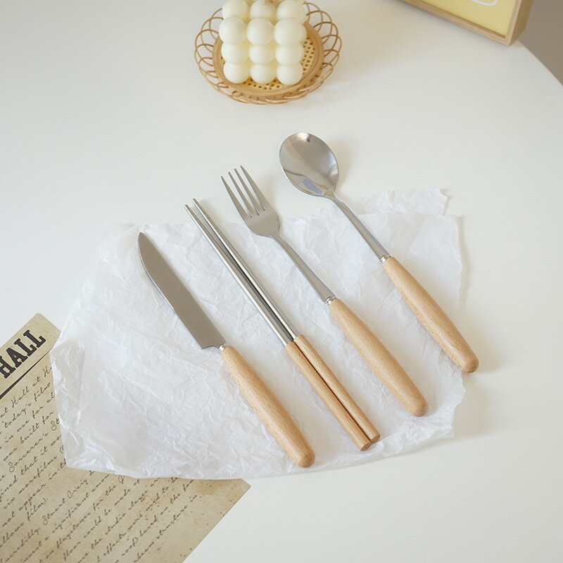 簡約ins木柄筷子刀叉勺子餐具套裝不銹鋼復古風餐具