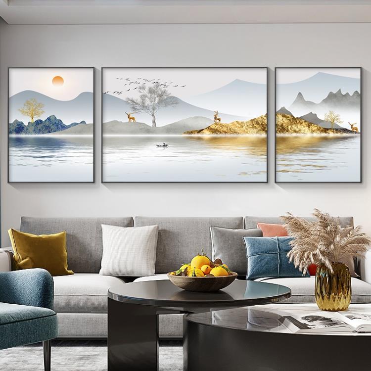 客廳裝飾畫輕奢山水畫三聯新中式墻畫沙發背景墻掛畫現代簡約壁畫
