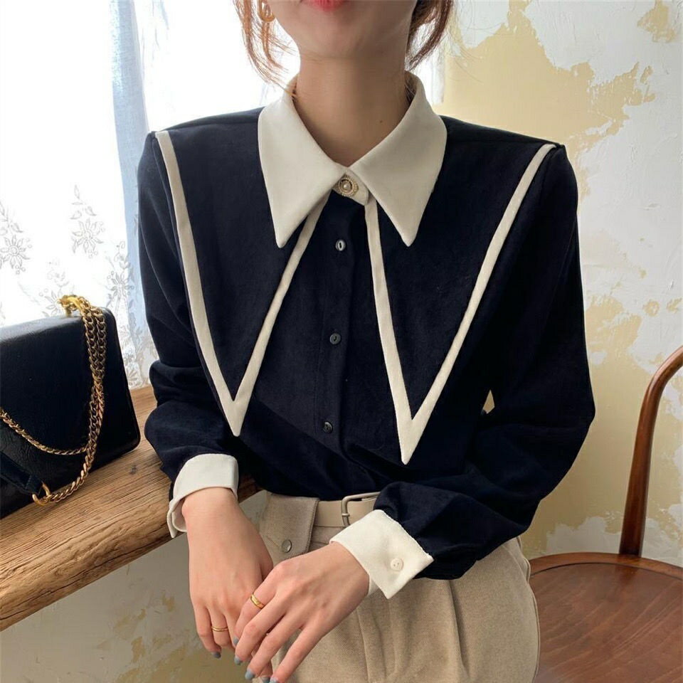 設計感撞色女生長袖襯衫 上衣女 長袖上衣 韓版休閒寬鬆襯衫 大尺碼 復古翻領襯衫 雪紡上衣女 襯衫女 紅色寬鬆 百搭襯衫