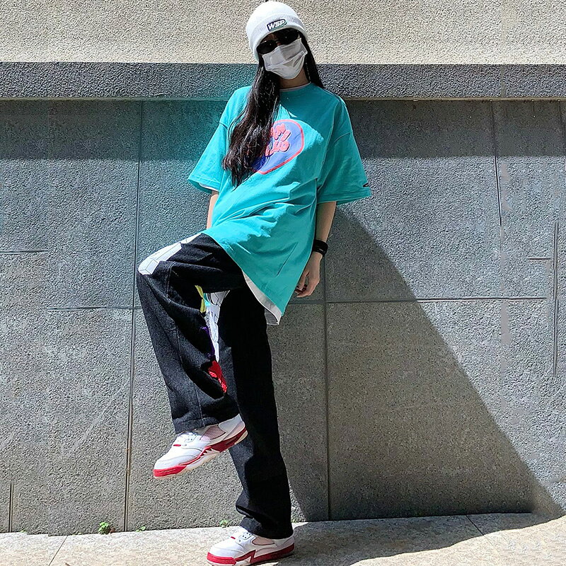 歐美潮流愛心印花圓領T恤女韓版寬松oversize情侶潮牌街頭半袖tee