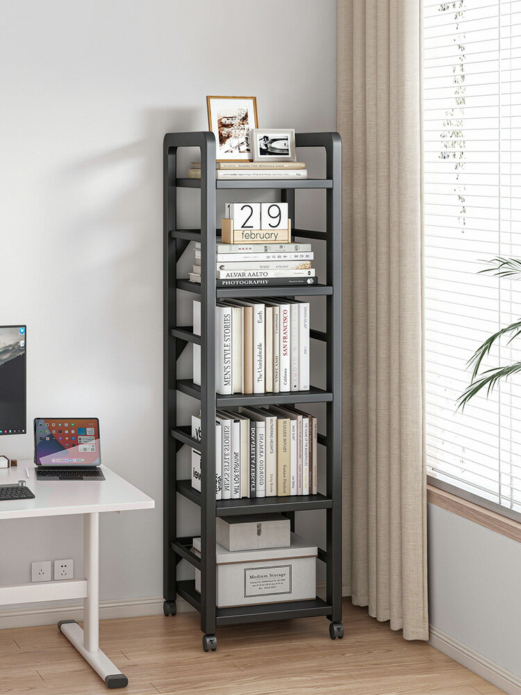 書架落地置物架客廳多層鐵藝架子可移動帶輪收納架書桌旁小書櫃-快速出貨