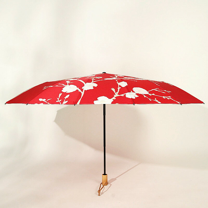 復古風傘三折16骨平面抗風喜鵲枝頭木柄中國風古典紅色晴雨傘