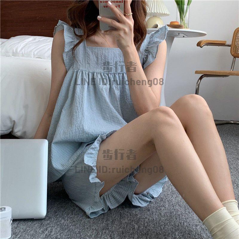 法式小清新甜美吊帶上衣家居服套裝女潮夏季P【步行者戶外生活館】