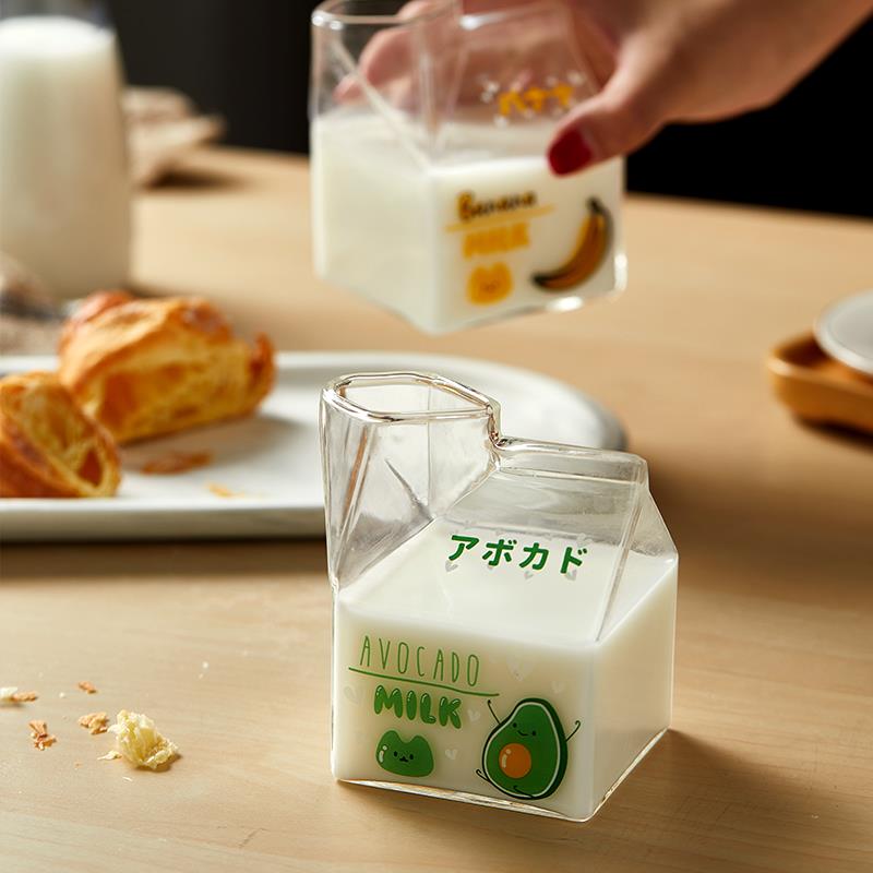 日式創意喝牛奶盒子杯微波爐可加熱專用玻璃杯透明奶茶早餐奶昔杯