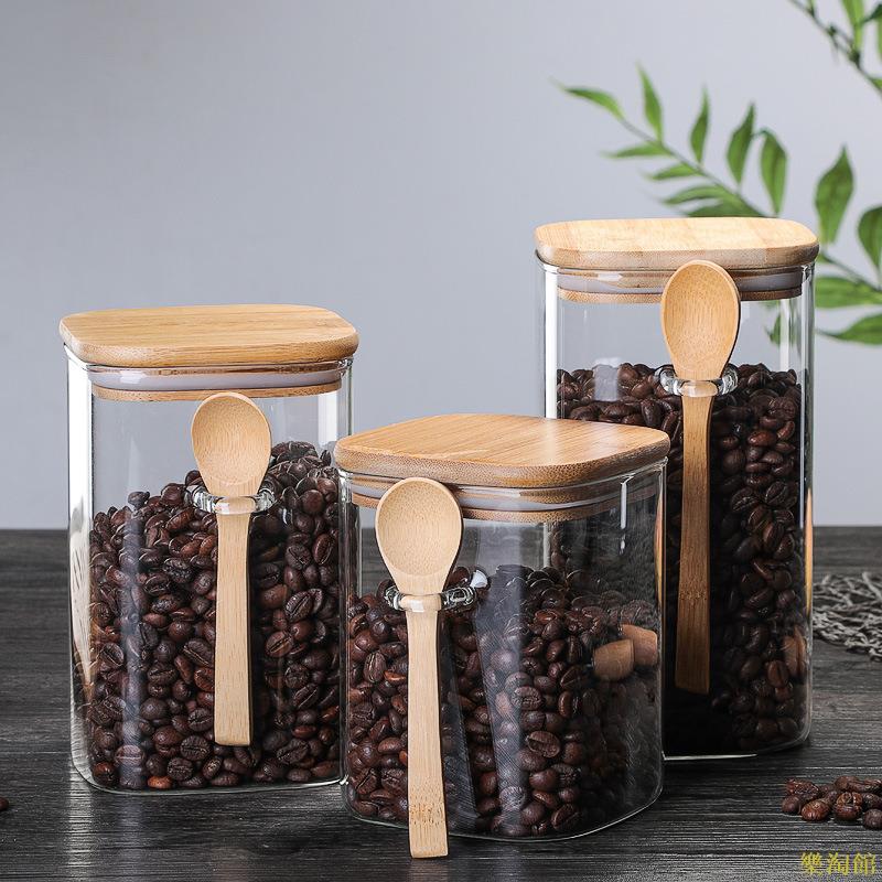 日式方形玻璃密封罐家用咖啡豆儲存罐帶木勺調料瓶廚房食品儲物罐