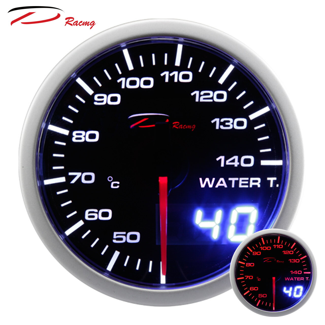 【D Racing三環錶/改裝錶】60mm水溫錶 WATER TEMP。Dual View 指針+數字雙顯示系列。錶頭無設定功能。