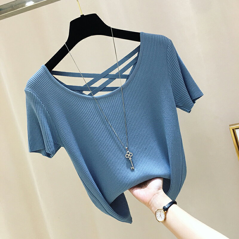 品牌折扣女裝專櫃撤櫃清倉冰絲針織短袖t恤女夏露背上衣打底衫潮