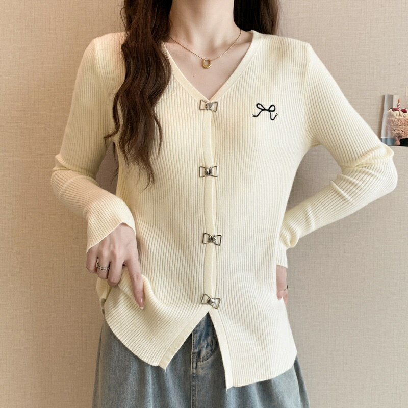 現貨+預購 針織外套長袖毛衣-新款設計感蝴蝶結V領女外套3色74is33【獨家進口】【米蘭精品】