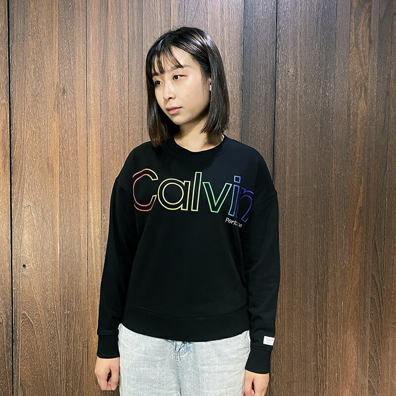 美國百分百【全新真品】Calvin Klein 大學T 刷毛 CK 上衣 短版 女款 長袖T恤 logo 黑色 BJ55