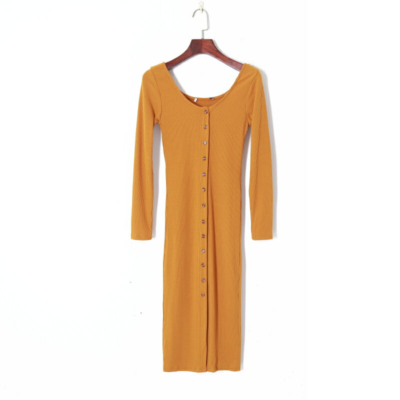 秋季女裝時尚韓版氣質優雅圓領單排扣修身顯瘦長袖針織連衣裙