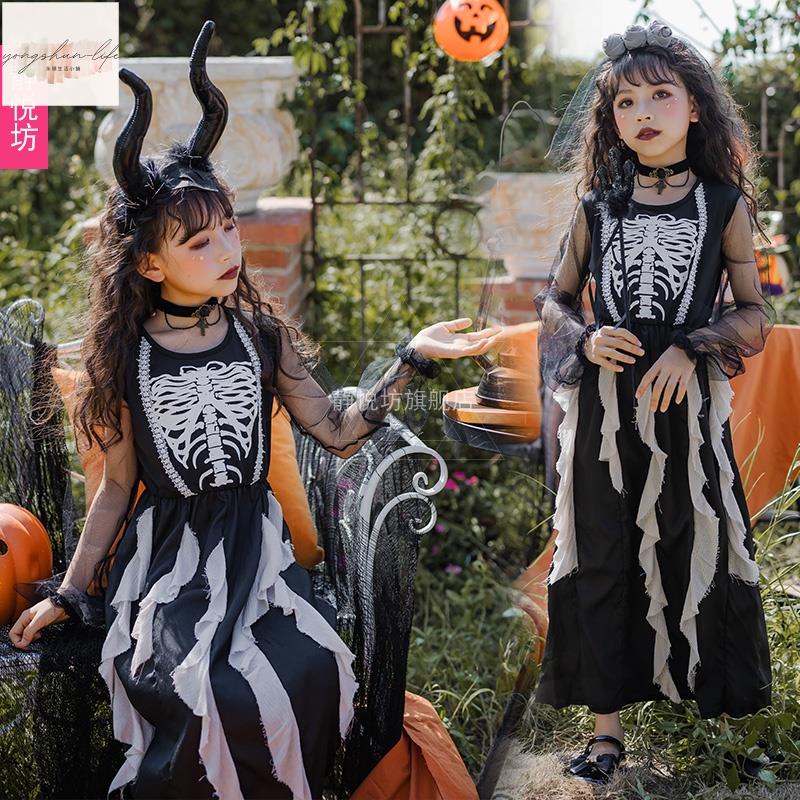萬聖節兒童cos服裝吸血鬼女巫骷髏表演服女童親子裝惡魔幽靈長裙