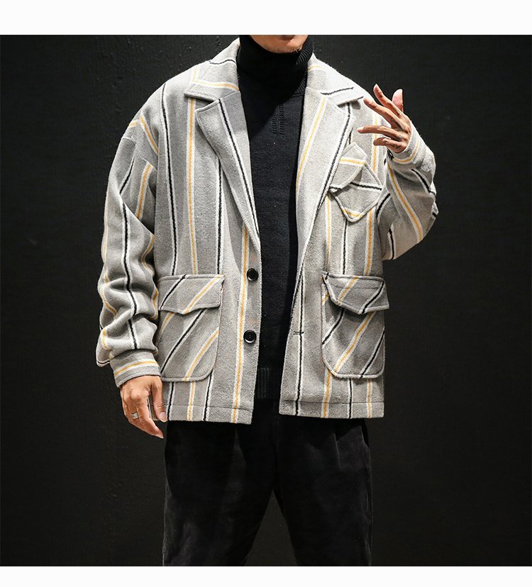 FINDSENSE品牌 秋冬款 新款 日本 男 復古條紋 高品質 寬鬆大碼 時尚 中長款 翻領 潮流毛呢夾克外套