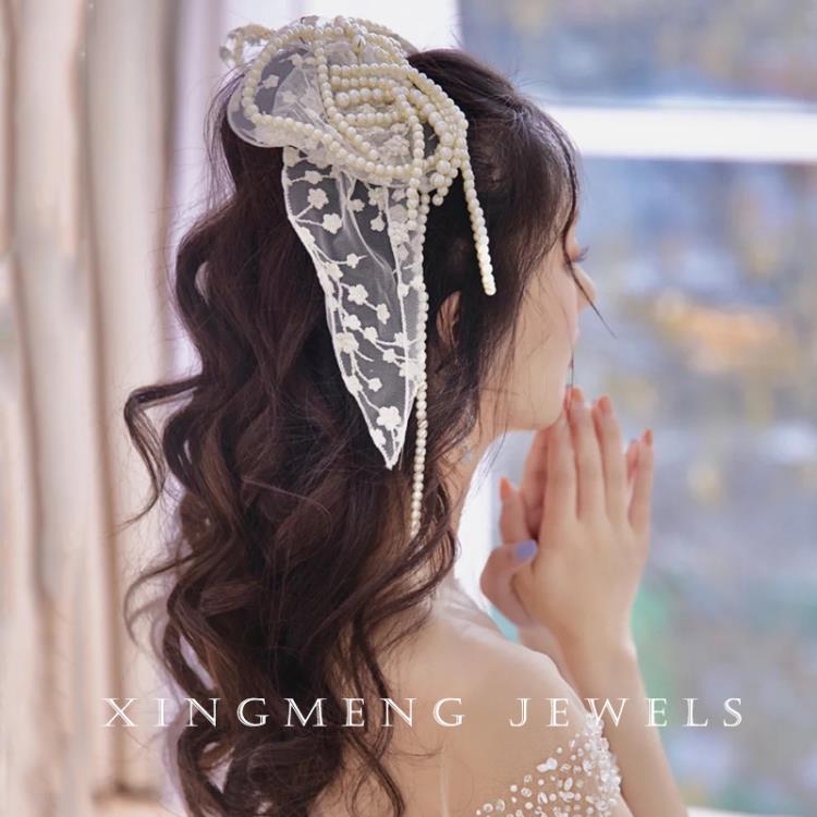 新娘頭飾 超仙精致奢華珍珠流蘇髮飾法式蝴蝶結髮夾頭飾新娘婚紗禮服配飾 限時88折